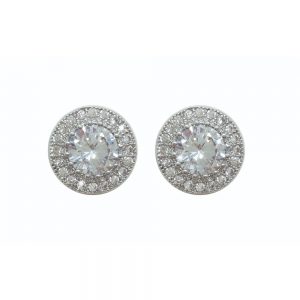 Silver Round Earrings Pave Set Surround