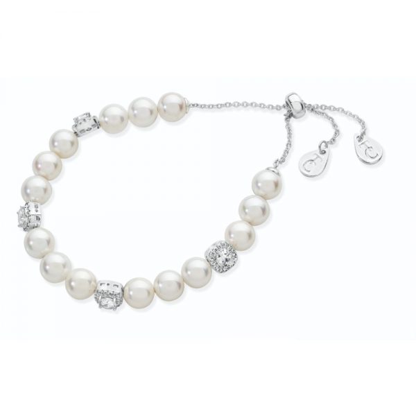 Silver String Pearl Bracelet & Cz Cushion