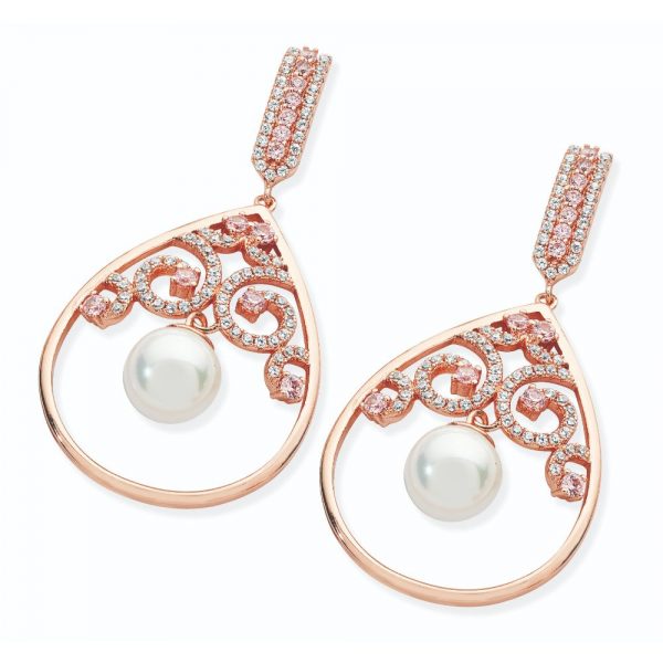 Rose Gold Ornate Swirl Pink Cz Drop Earrings