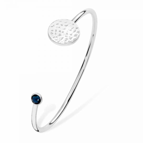 Silver Open Bangle with Hammered Disc and Sapphire