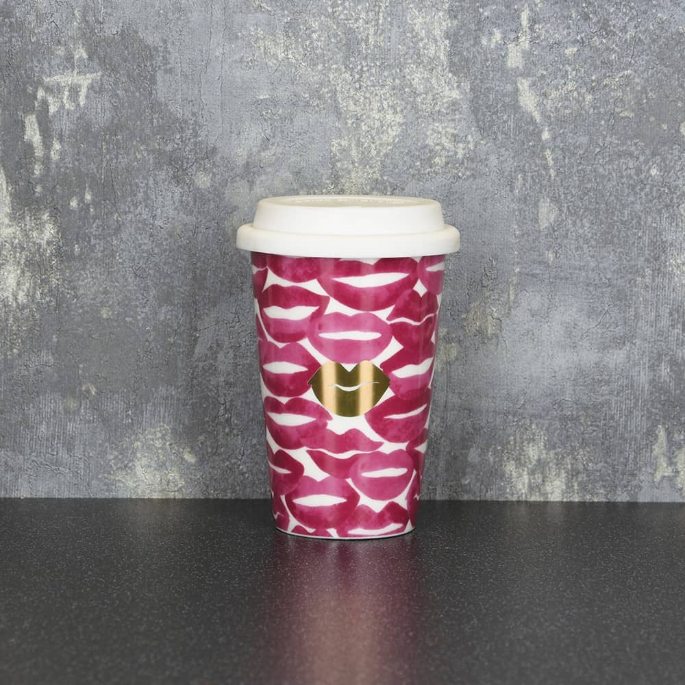 15cm Travel Mug Pink Gold Lips