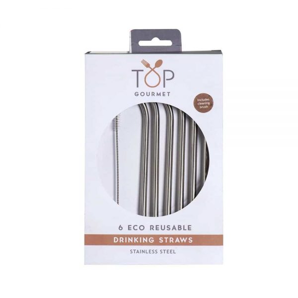 6 Reusable Stainless Steel Straws & Cleaning Brush