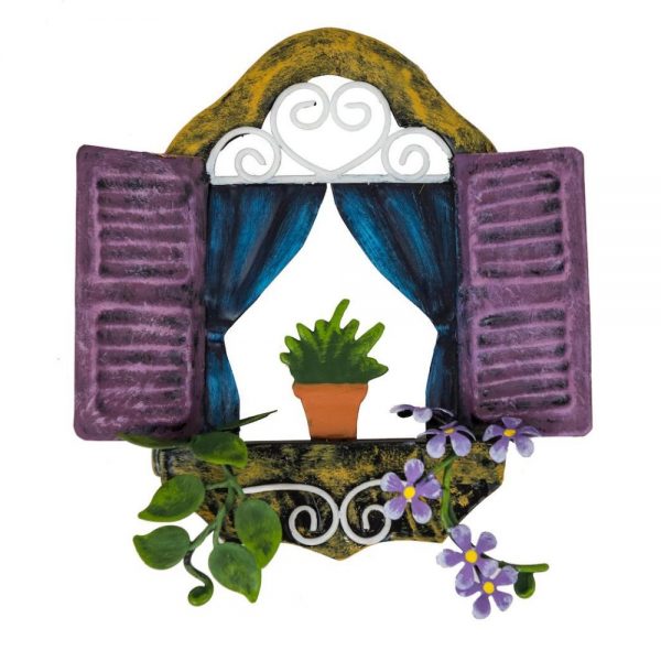 Fairy Window   Purple Shutters and Plant Pot