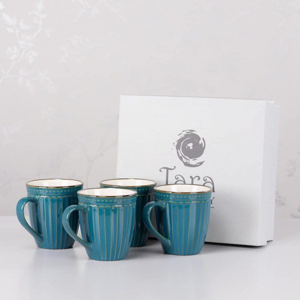 Tara Pottery Set of 4 Mugs Ridges Teal Reactive