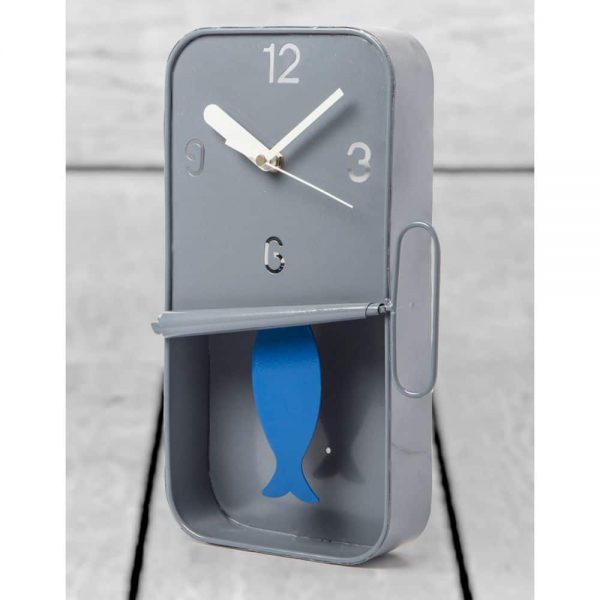 Grey Metal Sardine Tin Pendulum Clock
