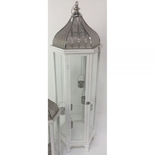 White Wooden Lantern with Metal Top Hex H125cm