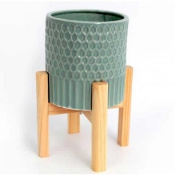 23x15cm Green Planter On Wood Stand