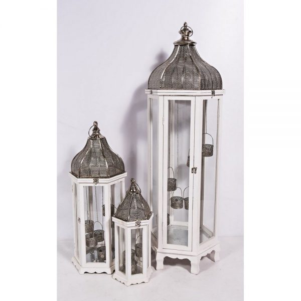 Silver Morroccan Top Lantern White Large