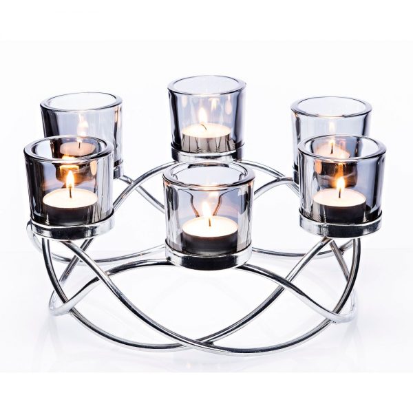 Chrome Round Candleholder with 6 Glass Cups