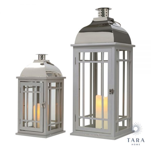 Julie Wooden Lanterns Grey and Chrome