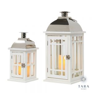 Set of 2 Julie Wooden Lantern White and Chrome