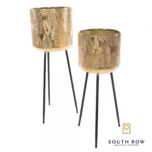 Azure Set of 2 Gold Leaf Planters On Tripod Stand