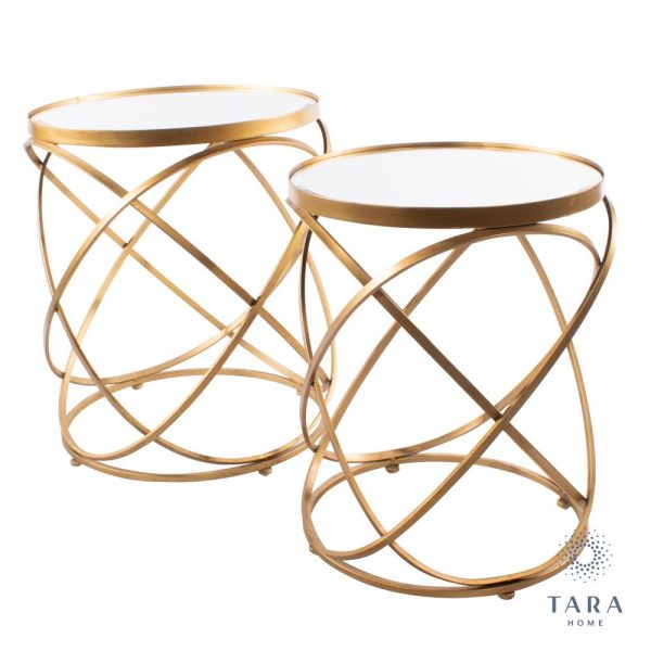 Spirals Set of Gold Side Tables with Mirrored Top