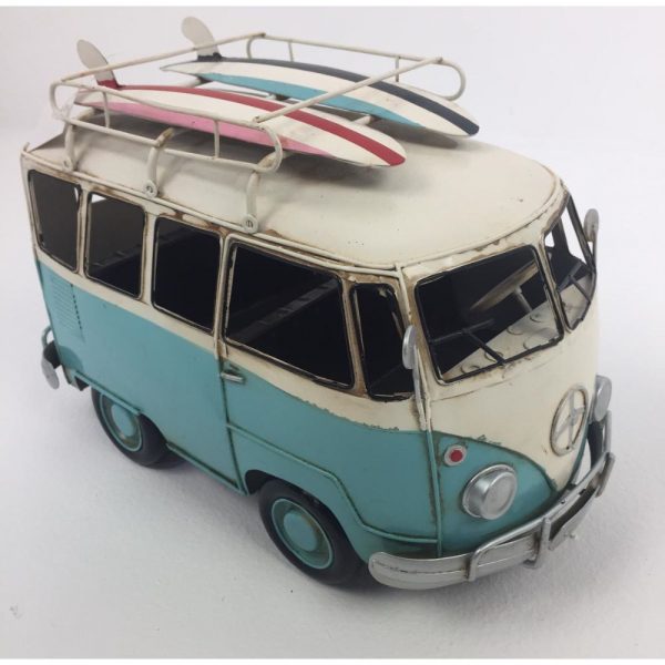 VW Blue Vintage Camper with Two Surf Boards