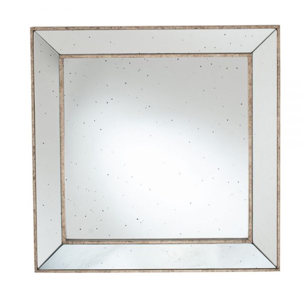 Antique Gold Metal and Foxed Glass Square Mirror