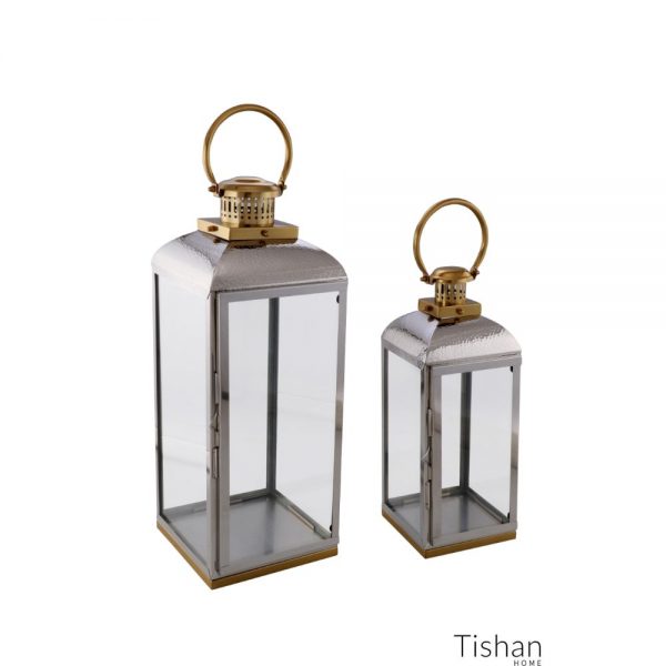 Set of 2 Lanterns Silver and Gold Hammered Top