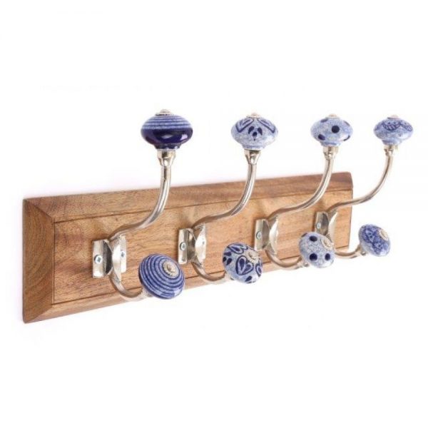 Blue and White Hooks On Wooden Base