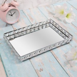 Rectangular Silver Crystal Edged Mirrored Tray