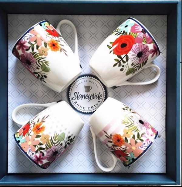 4 Slaneyside Red and Orange Floral Bone China Mugs