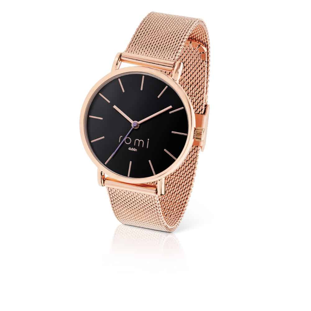 Romi Watch Black Face Rose Gold Mesh Strap Allens