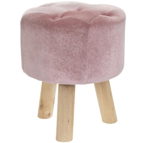 Pink Velvet Round Stool with 3 Wooden Legs