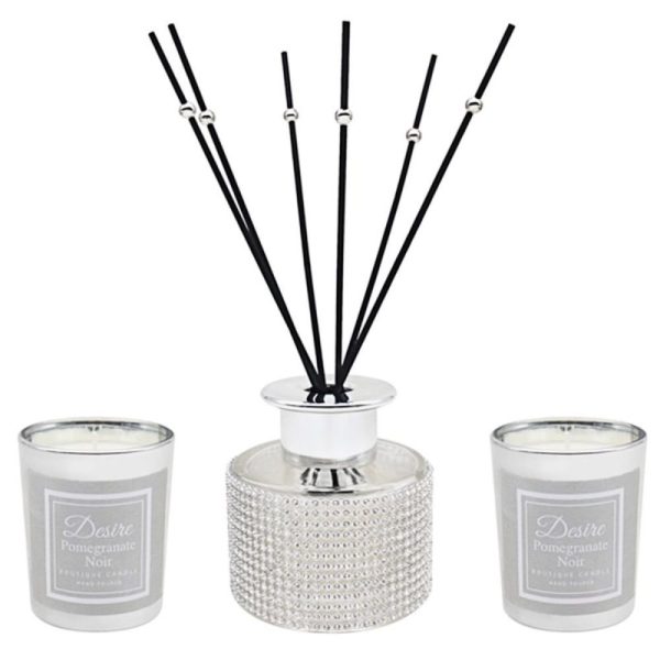 Diamante Diffuser and 2 Votive Candle Set Silver