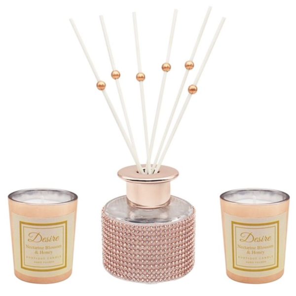 Diamante Diffuser and 2 Votive Candles Rosegold