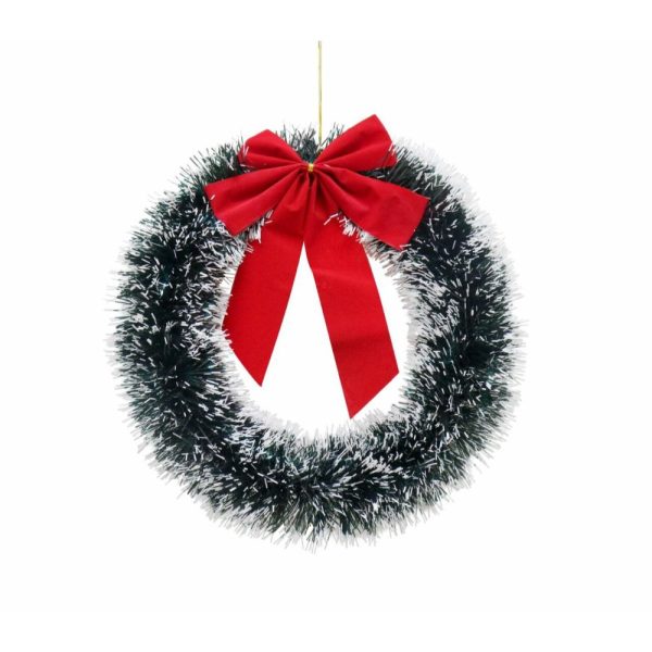 Snow Tinsel Wreath 33cm with Red Bow