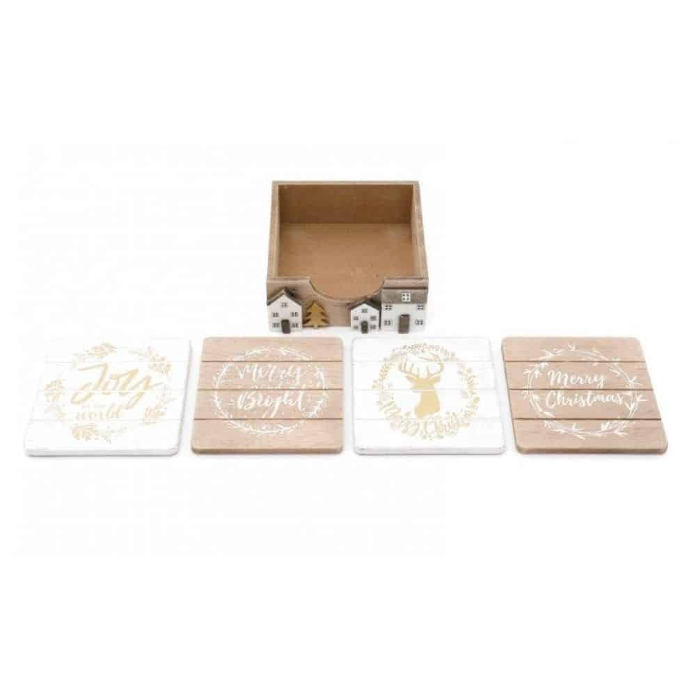 Set of 4 Xmas Houses Coasters in Holder