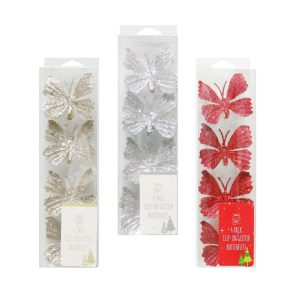 Glitter Decorative Clip-On Butterflies 4pc 3 Ast