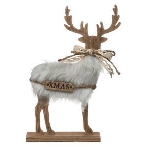 Wood and Fur Reindeer Decoration H21cm