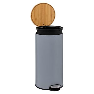30l round grey metal and bamboo pedal bin