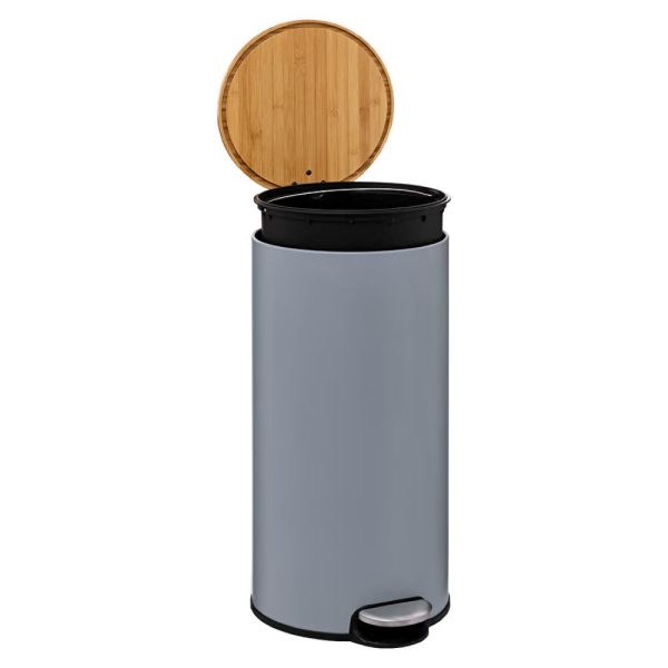 30l round grey metal and bamboo pedal bin