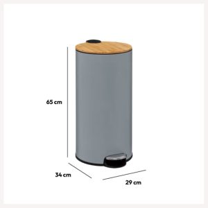 30l round grey metal and bamboo pedal bin