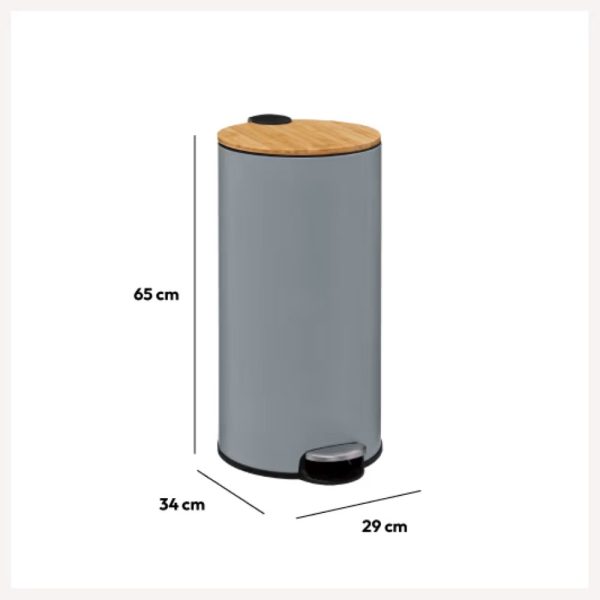 30l round grey metal and bamboo pedal bin