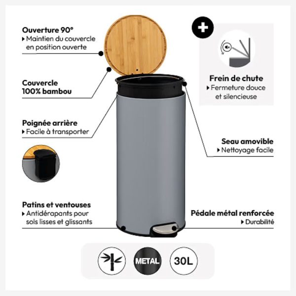 30l round grey metal and bamboo pedal bin