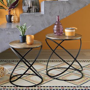 ethnic set of 2 tables wood and metal