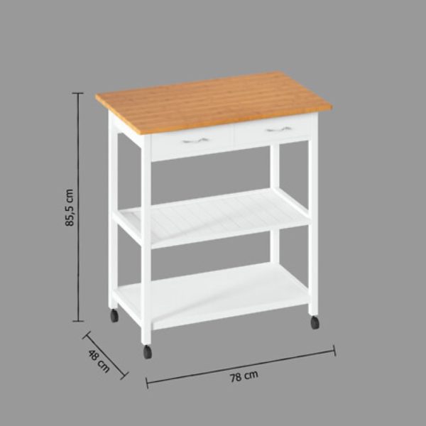 white wood bamboo kitchen trolley h87xl78xd48cm