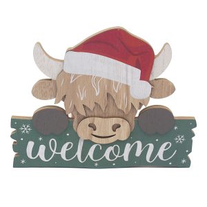 xmas highland cow welcome plaque 25x20cm