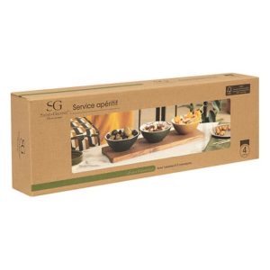 set of 3 appetizer dishes on wood board 37x12cm