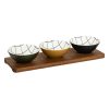 set of 3 appetizer dishes on wood board 37x12cm