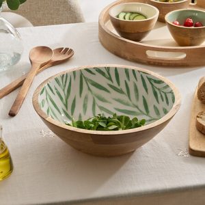 mango wood salad bowl leaf design inner d30cm
