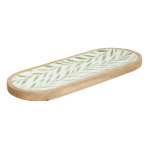 mango wood server green leaf 40x15cm