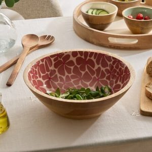 mango wood salad bowl flower design inner d30cm