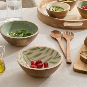 mango wood salad bowl leaf design inner d25cm