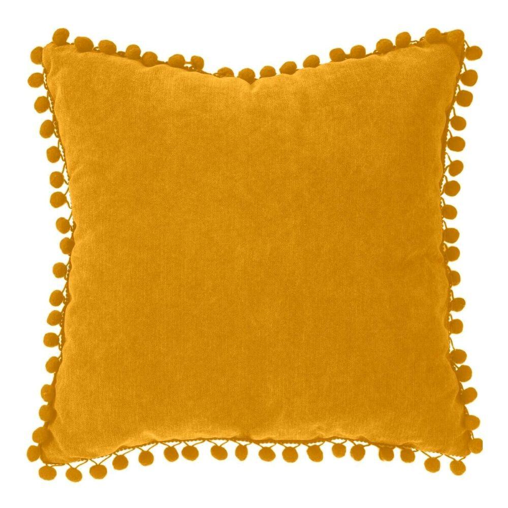 mustard filled cushion 40x40cm pom pom edge