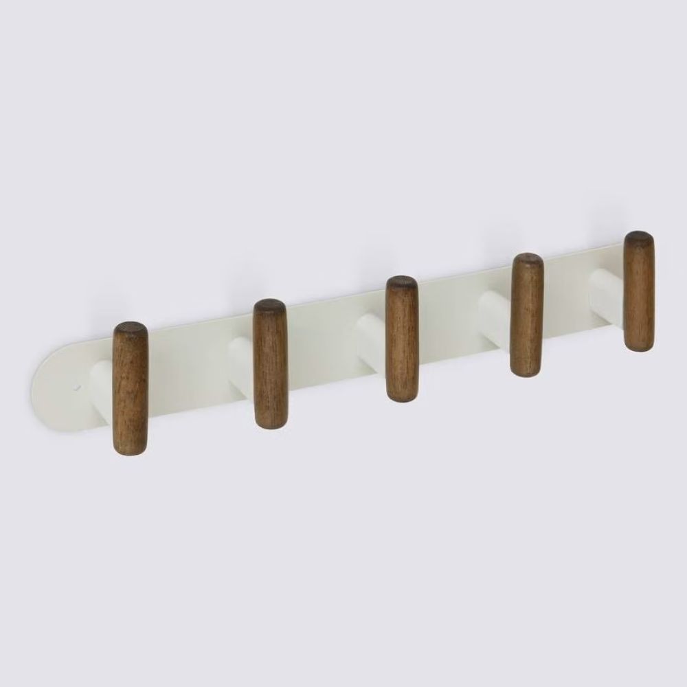 5 hook wall fixture beige metal and wood l40cm