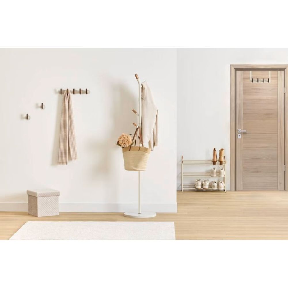 5 hook wall fixture beige metal and wood l40cm