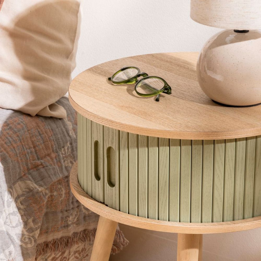 sage and wood rnd storage side table h54 x d40 cm