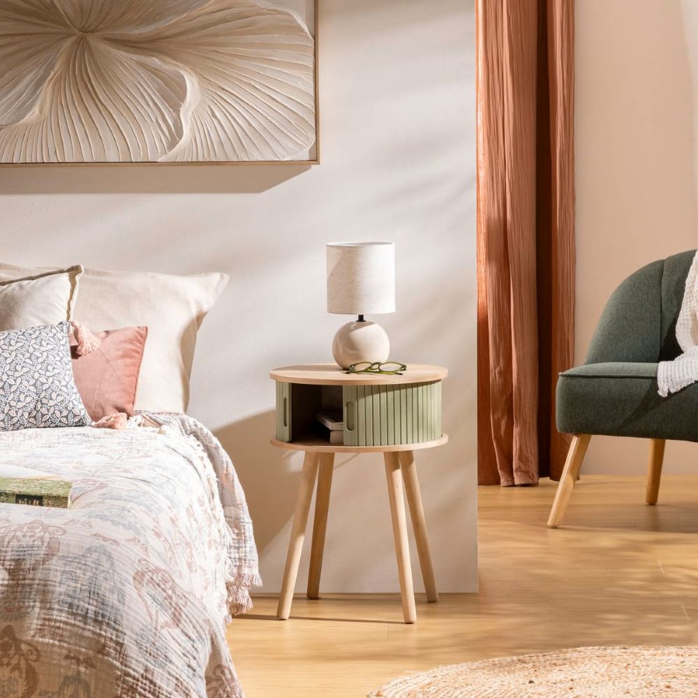 sage and wood rnd storage side table h54 x d40 cm